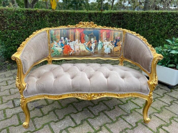 1990s french louis xvi settee in gilded beech and tan tufted velvet 9347