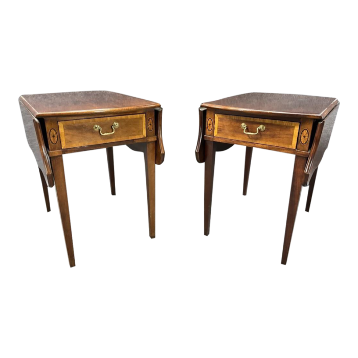 1990s thomasville banded inlaid mahogany drop leaf pembroke 1 drawer end tables a pair 3665