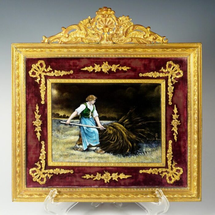 19th century french limoges enamel portrait plaque farm scene gilt bronze ormolu frame 3323