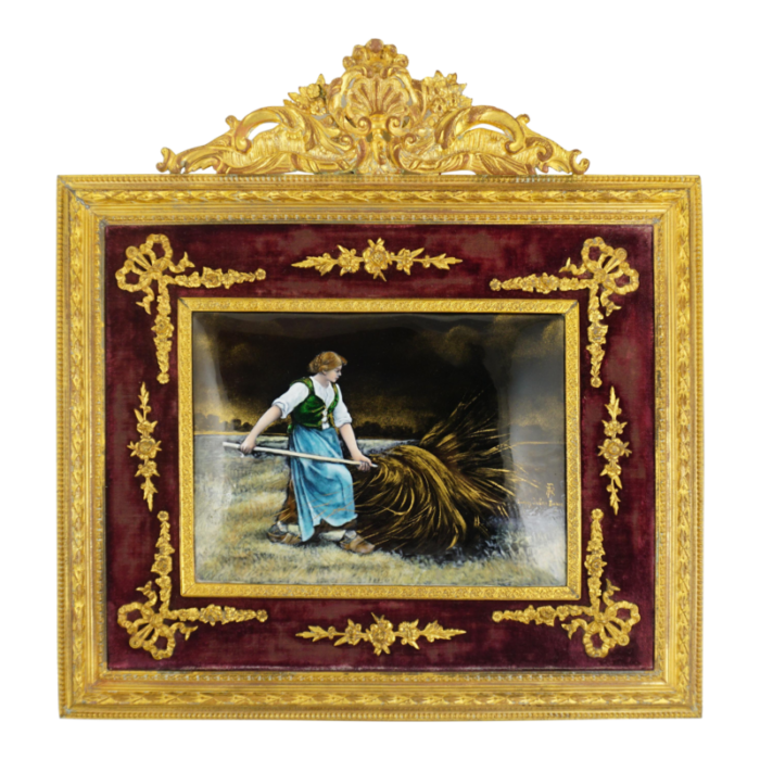 19th century french limoges enamel portrait plaque farm scene gilt bronze ormolu frame 8004