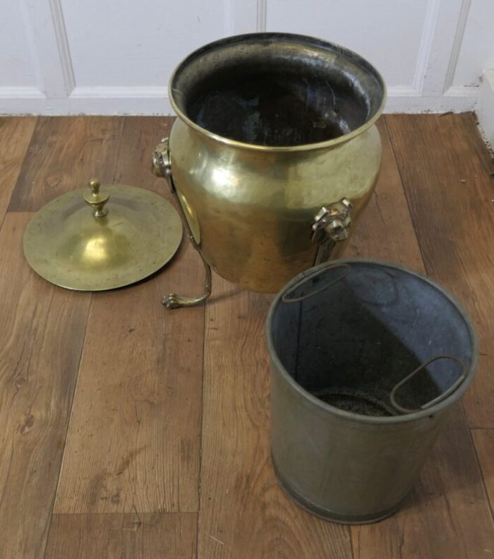 19th century lined brass lions mask log bin with lid 1