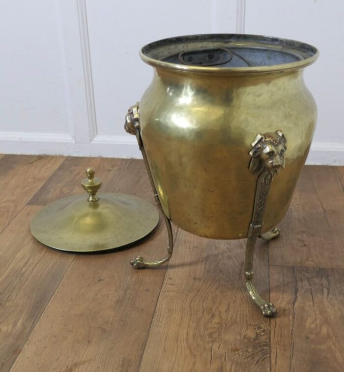 19th century lined brass lions mask log bin with lid 4