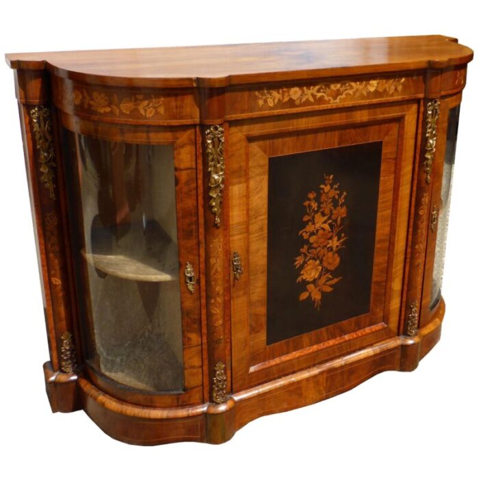 19th century victorian english figured walnut and marquetry credenza 1153