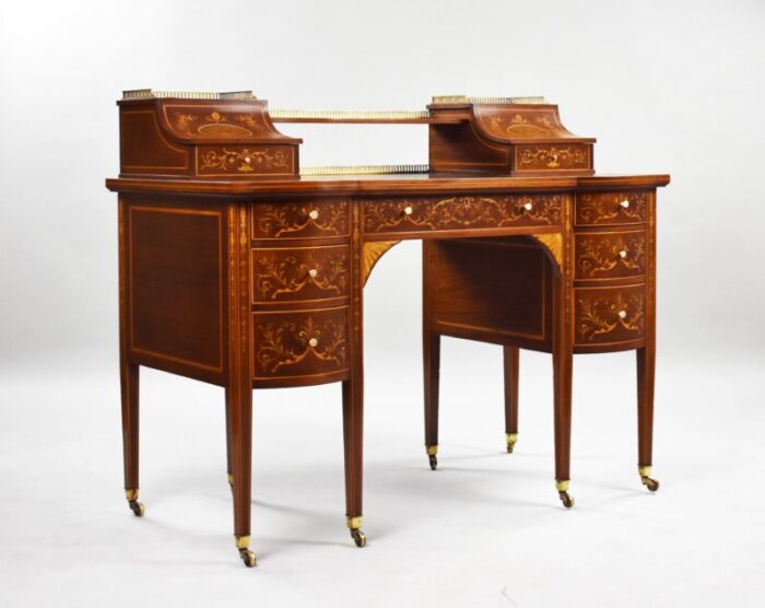 19th century victorian english marquetry inlaid carlton house desk 8552