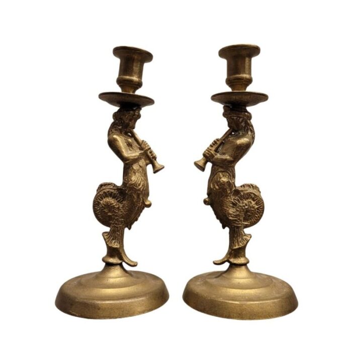 20th century bronze candleholders tritons france set of 2 1