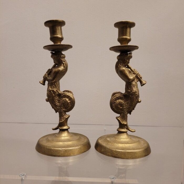 20th century bronze candleholders tritons france set of 2 7