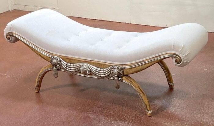 20th century french modern bleached and silverleaf curule bench with cashmere upholstery 8239