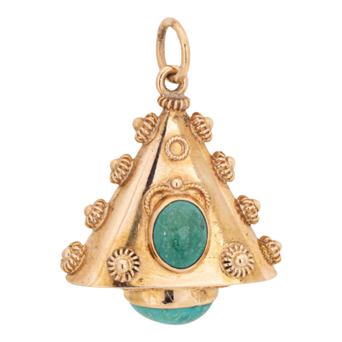 60s turquoise charm vintage etruscan revival 18k yellow gold triangle pendant 1207