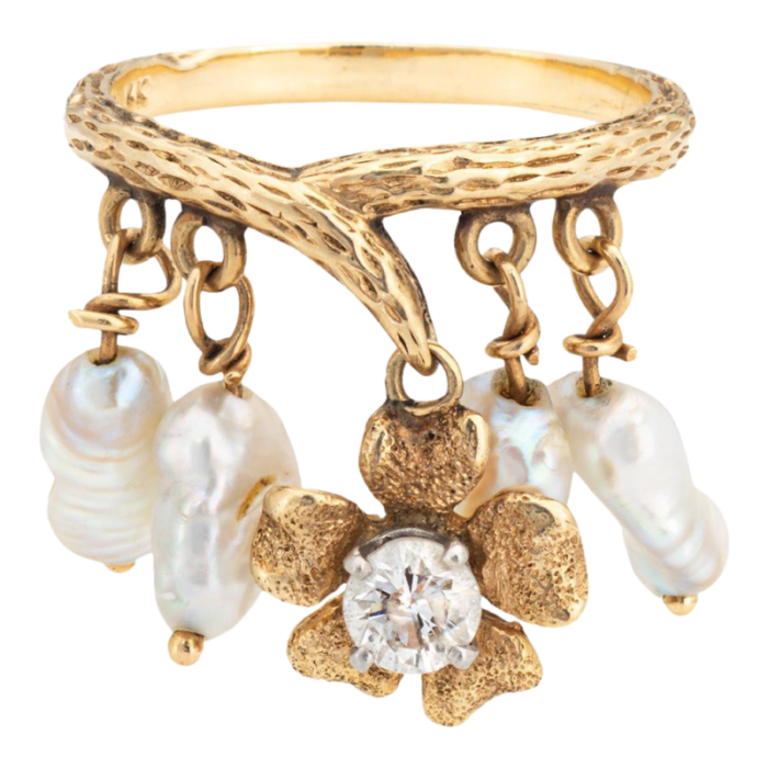 60s vintage diamond pearl charm flower ring sz 6 band dangle estate jewelry 2507