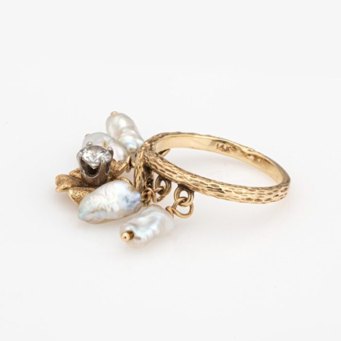 60s vintage diamond pearl charm flower ring sz 6 band dangle estate jewelry 6859