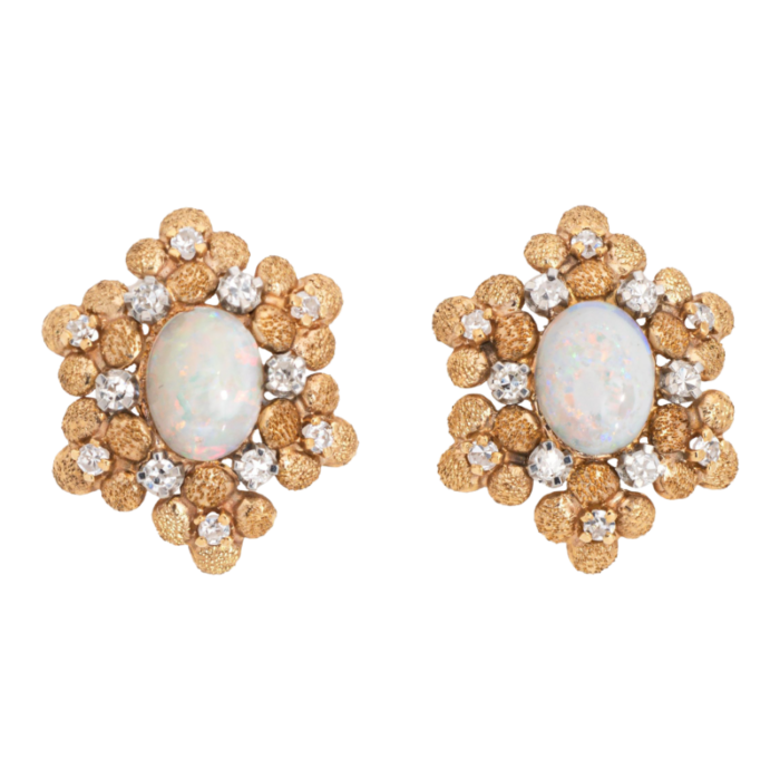 60s vintage opal diamond earrings 14k yellow gold oval studs estate jewelry 2852