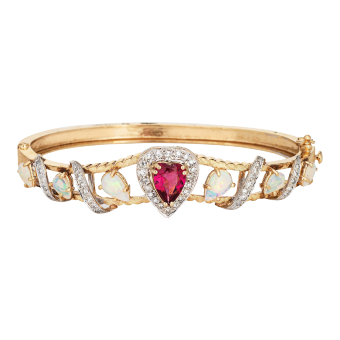 60s vintage opal pink tourmaline bracelet heart diamond 14k yellow gold jewelry 2585