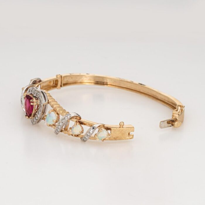 60s vintage opal pink tourmaline bracelet heart diamond 14k yellow gold jewelry 6384