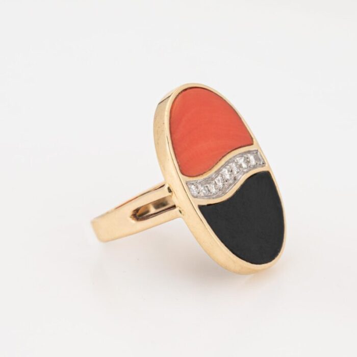 70s coral onyx diamond ring vintage 14k yellow gold cocktail jewelry sz 5 2084