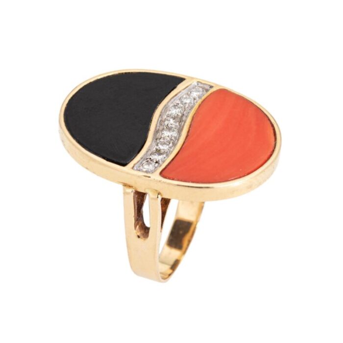 70s coral onyx diamond ring vintage 14k yellow gold cocktail jewelry sz 5 2512