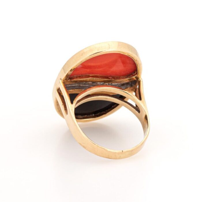 70s coral onyx diamond ring vintage 14k yellow gold cocktail jewelry sz 5 5255