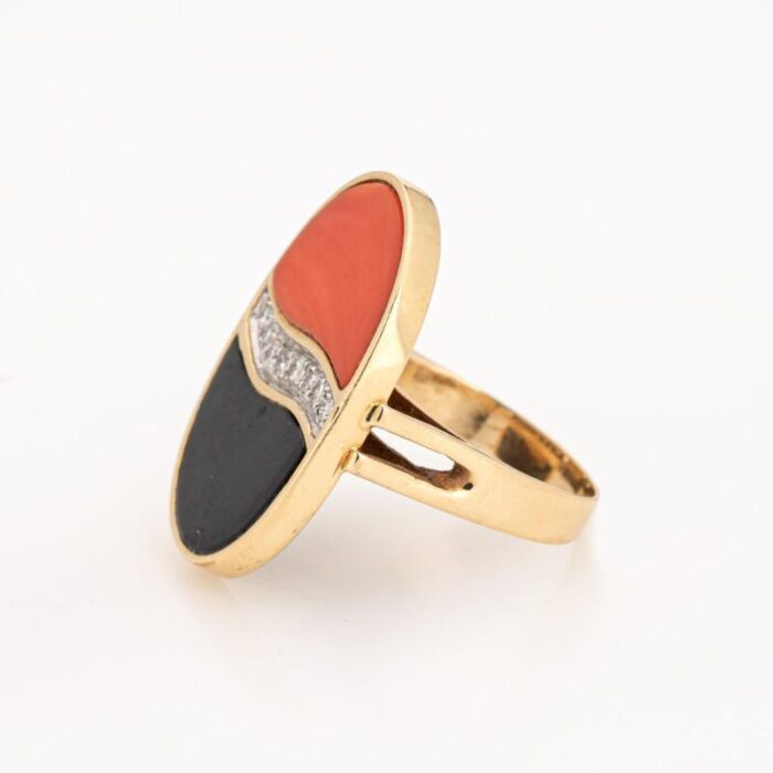 70s coral onyx diamond ring vintage 14k yellow gold cocktail jewelry sz 5 8793