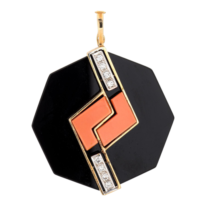 70s onyx coral diamond pendant large octagon 14k yellow gold fine jewelry 1558