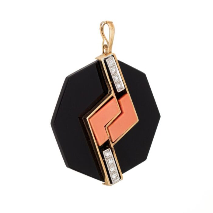 70s onyx coral diamond pendant large octagon 14k yellow gold fine jewelry 7714