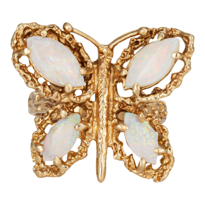 70s vintage opal butterfly ring 14k yellow gold sz 675 cocktail estate jewelry 3745