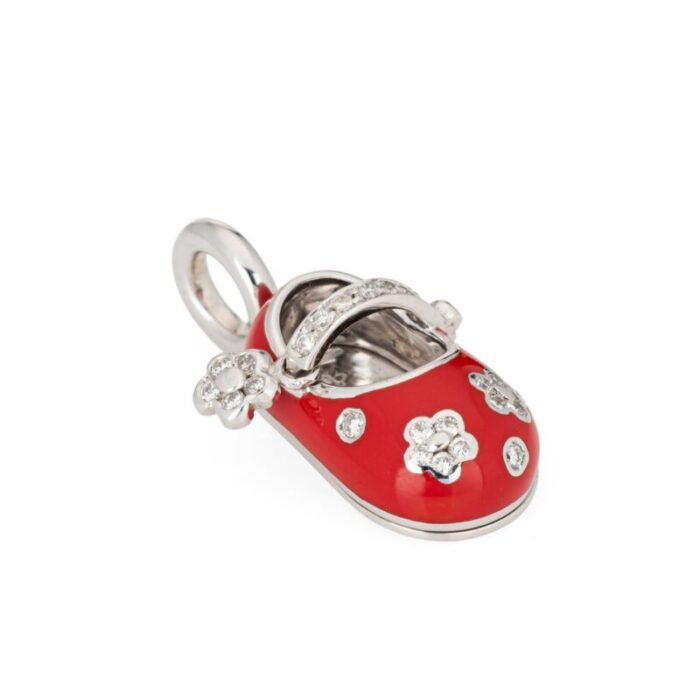 aaron basha diamond flower shoe charm red enamel 18k white gold signed jewelry 0713