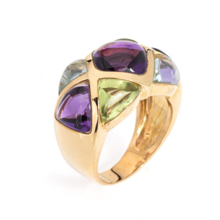 amethyst peridot ring harlequin band estate 18k yellow gold sz 6 cabochon cut 3583