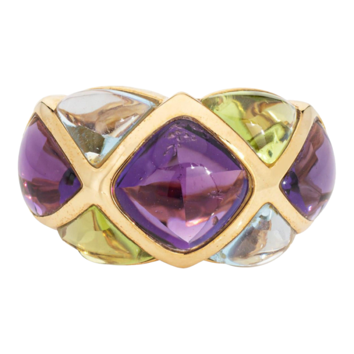 amethyst peridot ring harlequin band estate 18k yellow gold sz 6 cabochon cut 9390