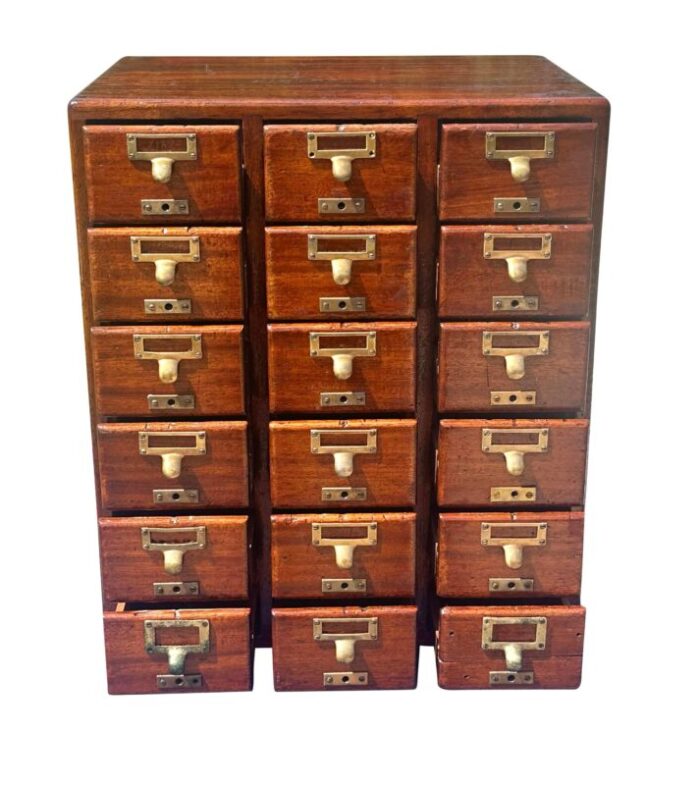 antique arts and crafts mahogany 18 drawer index file cabinet with brass hardware 1161