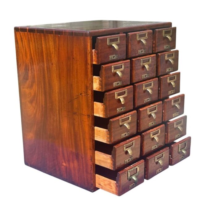 antique arts and crafts mahogany 18 drawer index file cabinet with brass hardware 4829