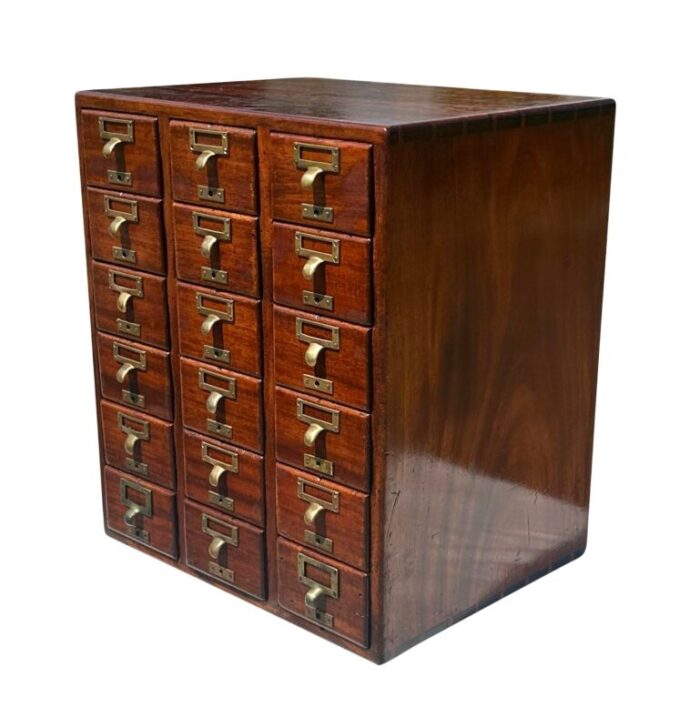 antique arts and crafts mahogany 18 drawer index file cabinet with brass hardware 9075