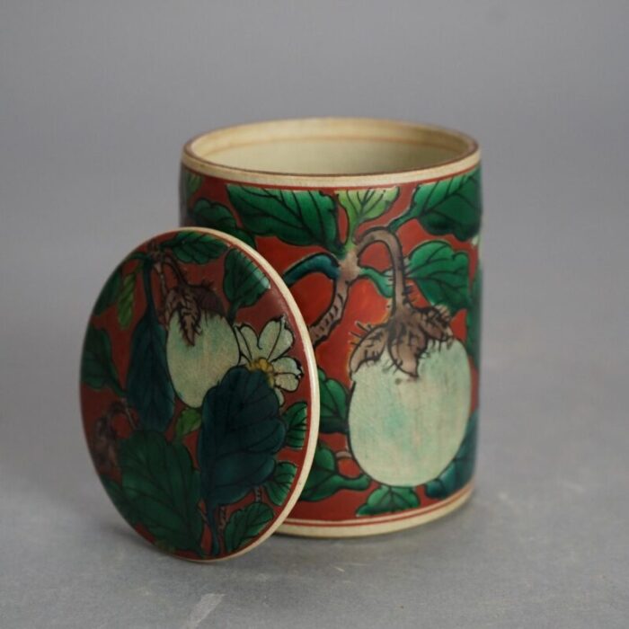 antique asian enameled hand painted porcelain tea canister with fruit c1920 1178