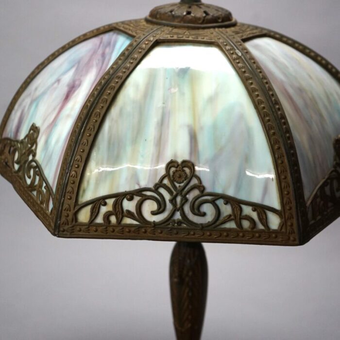 antique bradley and hubbard school arts and crafts bent slag glass panel lamp c1920 2926