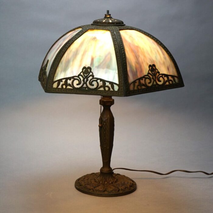 antique bradley and hubbard school arts and crafts bent slag glass panel lamp c1920 3863