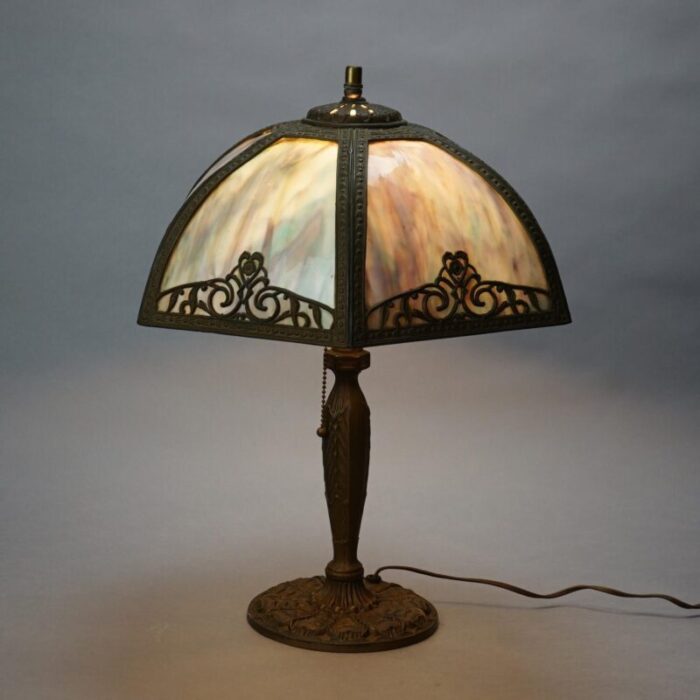 antique bradley and hubbard school arts and crafts bent slag glass panel lamp c1920 7087