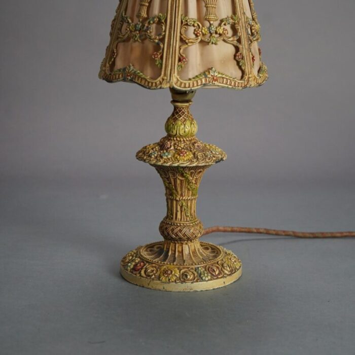 antique bradley and hubbard school polychromed panier de fleurs table lamp c1920 4684