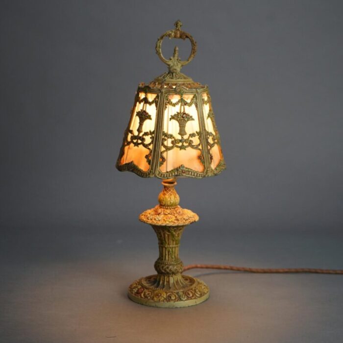 antique bradley and hubbard school polychromed panier de fleurs table lamp c1920 6633