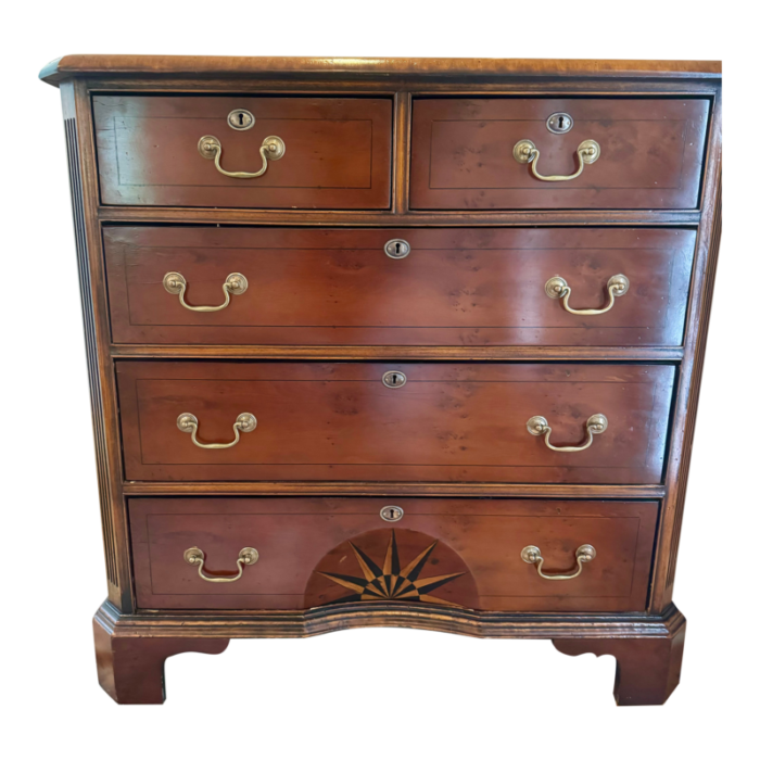 antique burlwood chest of drawers with sunrise inlay 8659