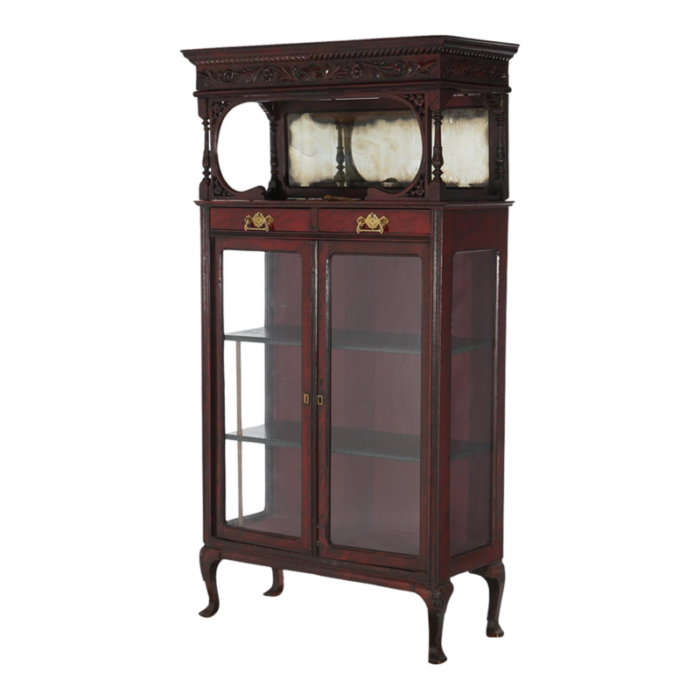 antique carved mahogany two door and two drawer mirrored china cabinet c1910 2677