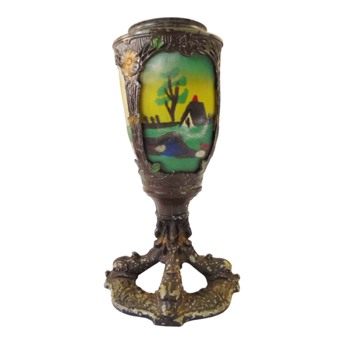 antique cast iron floral reverse painted on glass farmhouse lantern table lamp 5960