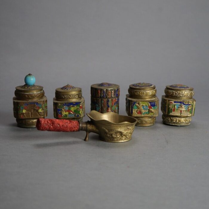 antique chinese bronze and enameled scent jars c1920 set of 6 2709