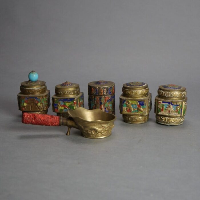 antique chinese bronze and enameled scent jars c1920 set of 6 6644