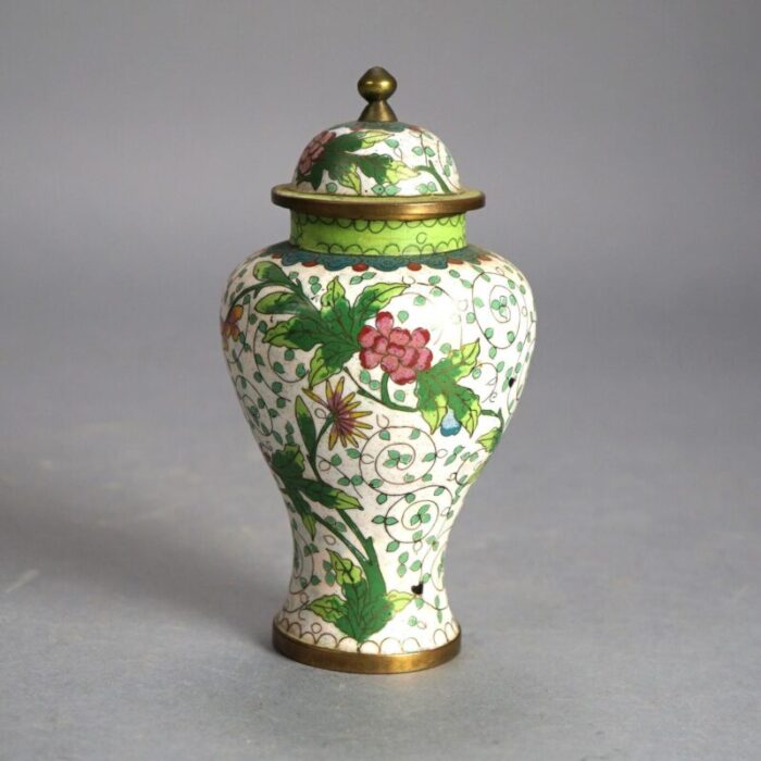 antique chinese bronze cloisonne enameled lidded urn with flowers circa 1920 1845