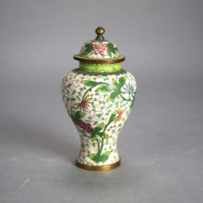 antique chinese bronze cloisonne enameled lidded urn with flowers circa 1920 3817