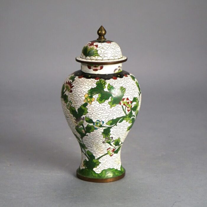 antique chinese bronze cloisonne enameled lidded urn with flowers circa 1920 3948