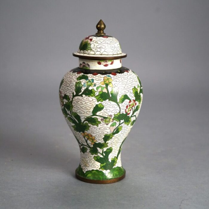 antique chinese bronze cloisonne enameled lidded urn with flowers circa 1920 5342