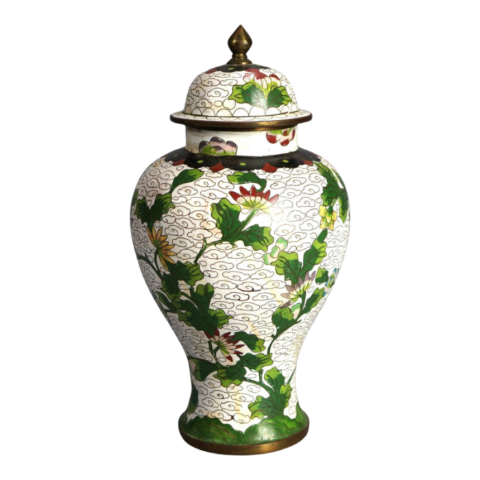 antique chinese bronze cloisonne enameled lidded urn with flowers circa 1920 5398