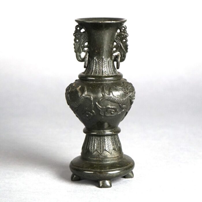 antique chinese carved hard stone double handle urn in relief with dragons circa 1920 3613