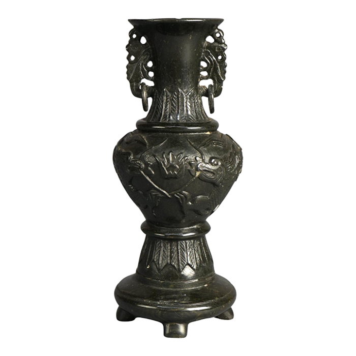 antique chinese carved hard stone double handle urn in relief with dragons circa 1920 4198