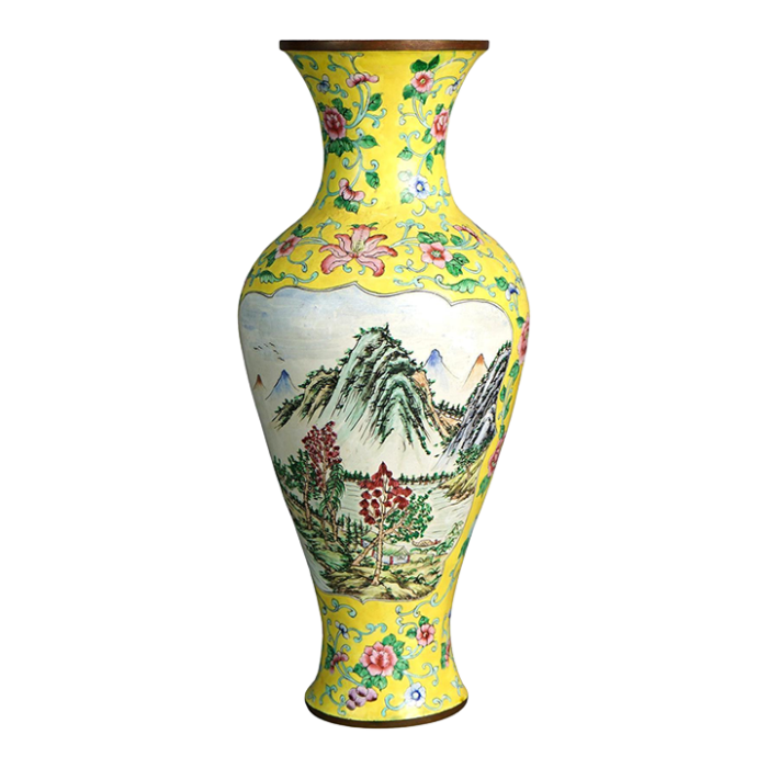 antique chinese enameled vase with landscape and flowers circa 1930 3062