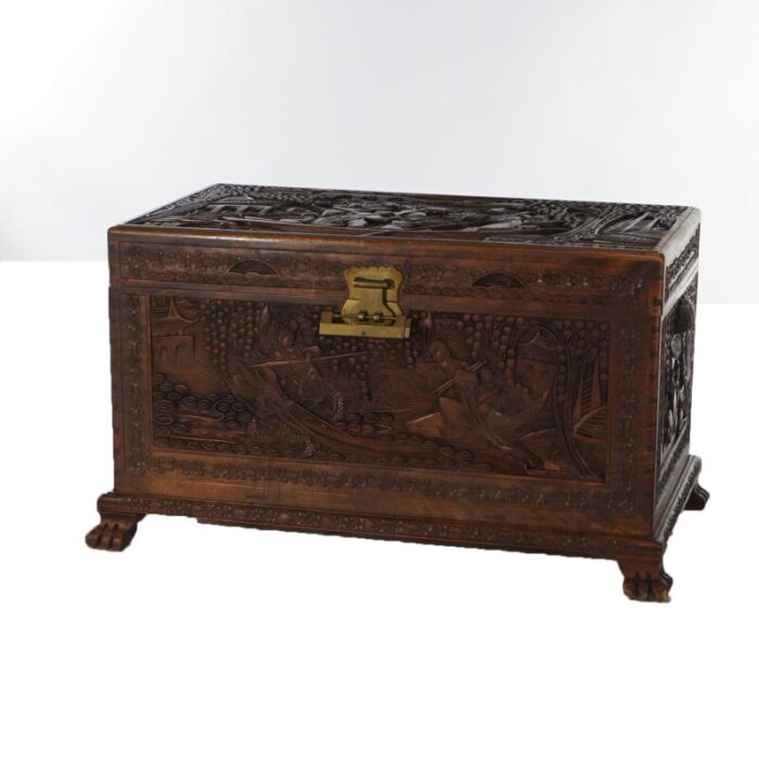 antique chinese hardwood carved in relief chinoiserie blanket chest c1920 0149